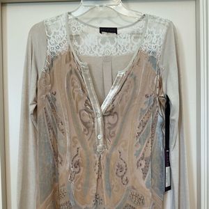 NWT Hale Bob Cream Lace, Beaded, Burnout Velvet Knit Top - S/M